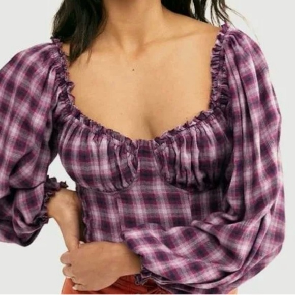 Free People Purple Cherry Bomb Plaid Top - Size S - Picture 1 of 9